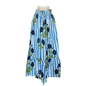 Sun Dried Laundry Blue White Striped Floral Blockprint India Maxi Skirt